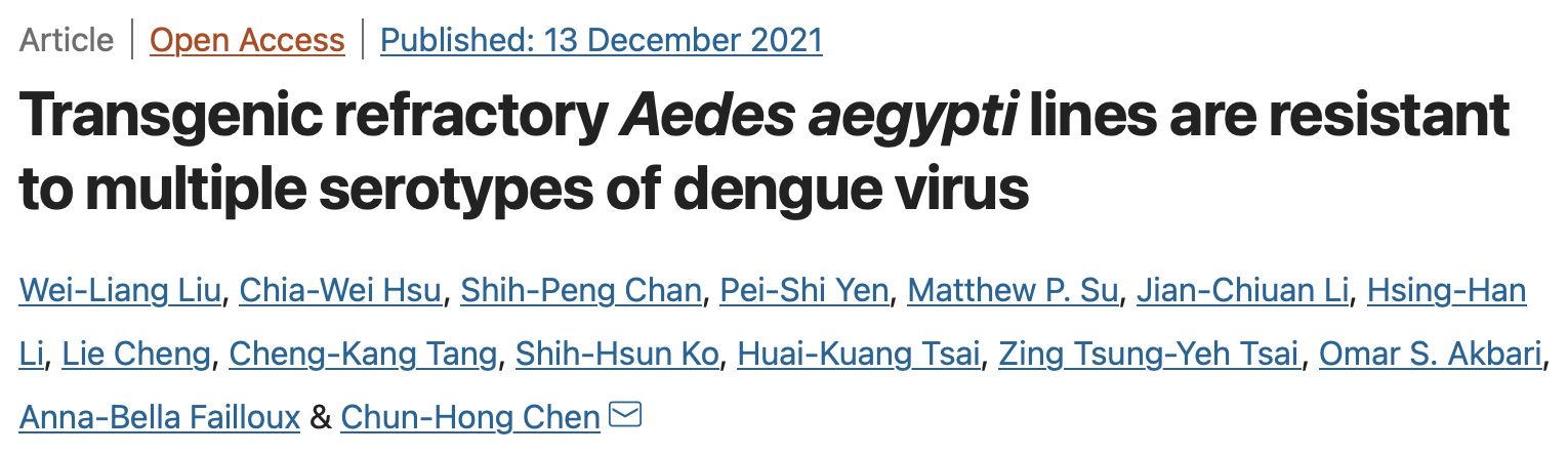 Transgenic refractory Aedes aegypti lines are resistant to multiple serotypes of dengue virus